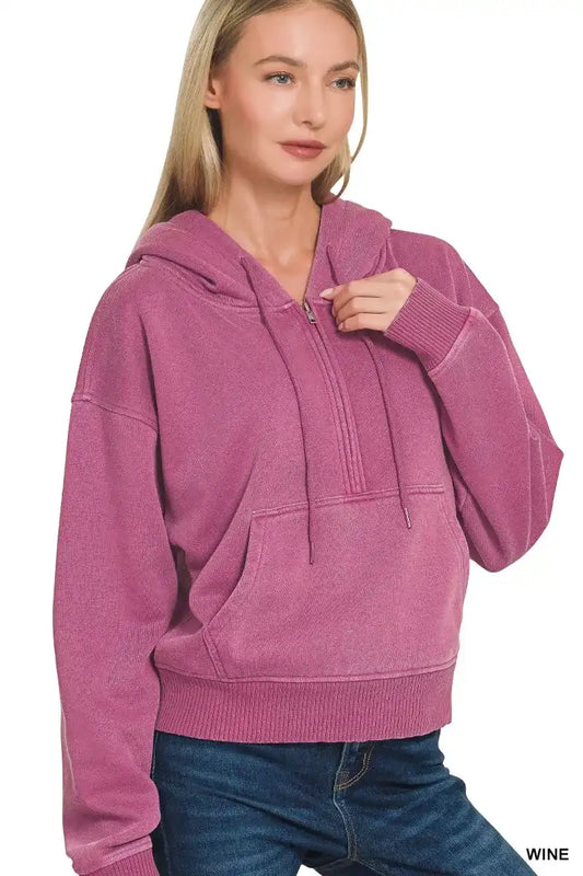 Zenana Fleece Pigment Dye Half Zip Kangaroo Pocket Hoodie