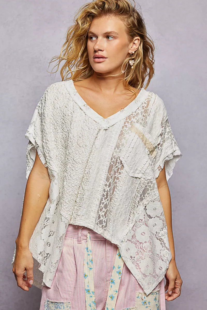 POL Asymmetrical V-Neck Short Sleeve Lace Top - 1