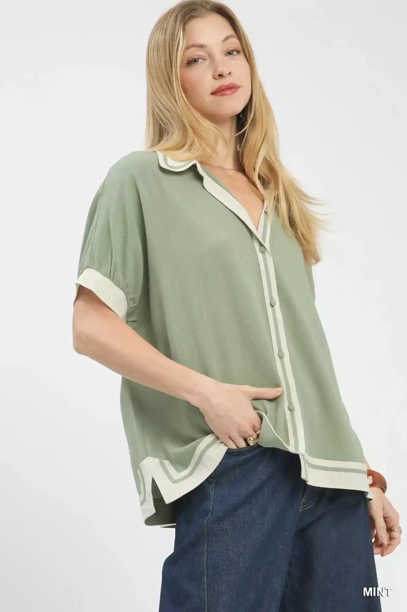 Umgee Linen Button Front Top with Contrast Piping - Sleekdenim.com