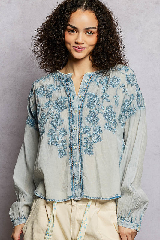 POL Floral Embroidered Button Down Long Sleeve Shirt - Sleekdenim.com