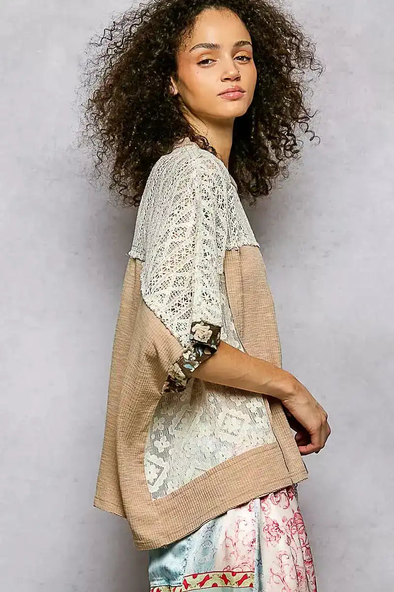 POL Floral Patchwork Lace Accent Blouse - Sleekdenim.com