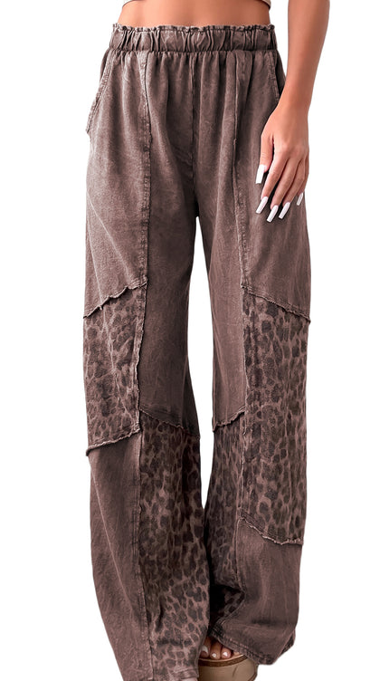 Coffee Mineral Wash Leopard Patchwork Loose Pants - Sleekdenim.com