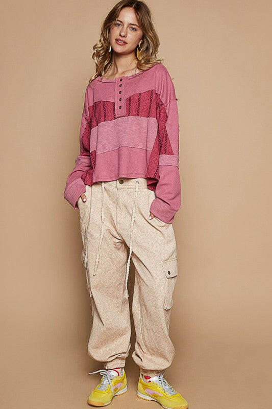 POL Half Button Color Block Drop Shoulder Knit Top | Sleekdenim.com