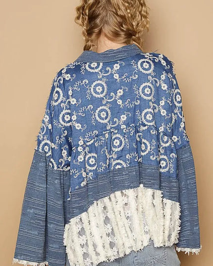 POL Lace Hem Embroidered Long Sleeve Shirt - Sleekdenim.com