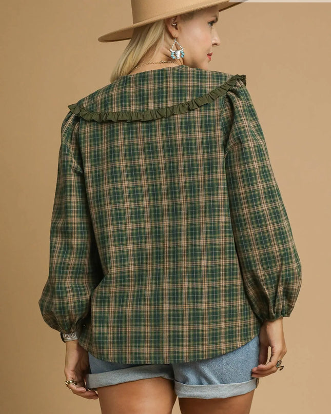 Umgee Full Size Plaid Ruffle Collar Blouse Plus Size - Sleekdenim.com