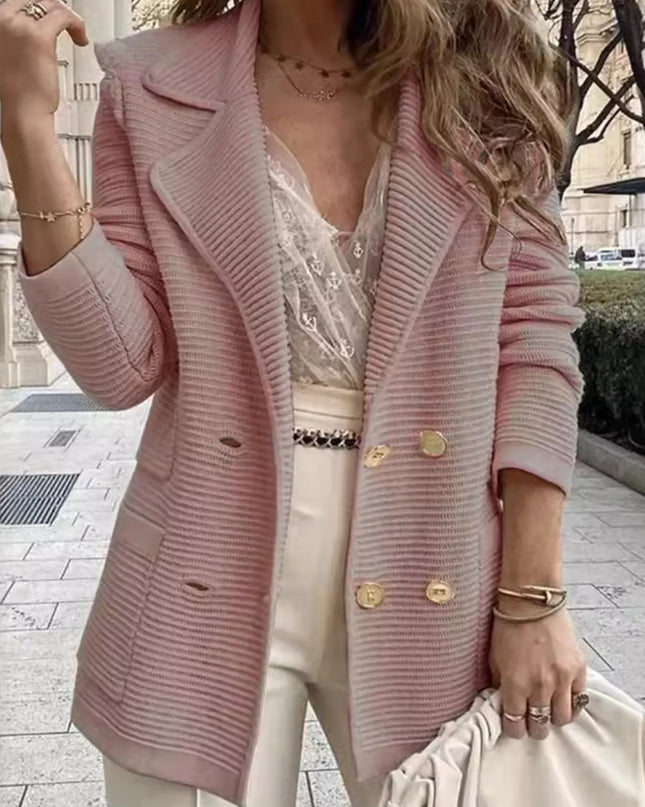 Texture Knit Double-Breasted Blazer - Sleekdenim.com