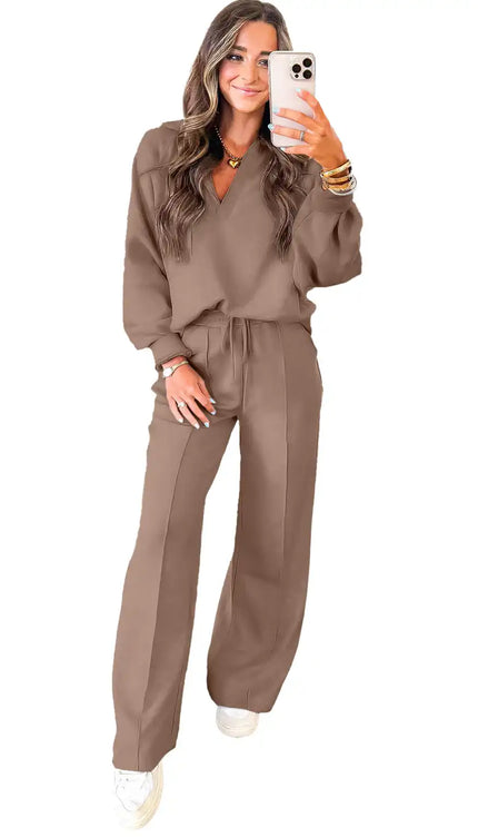 Polo Collar V Neck Pullover and Drawstring Sweatpants Set - Sleekdenim.com