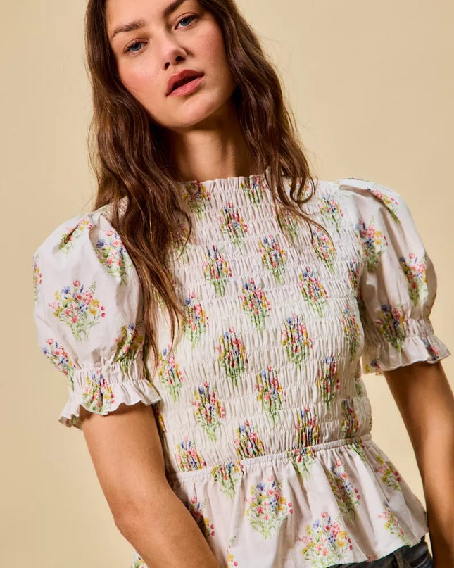 SO ME Floral Cotton Smocked Short Sleeves Blouse - Sleekdenim.com