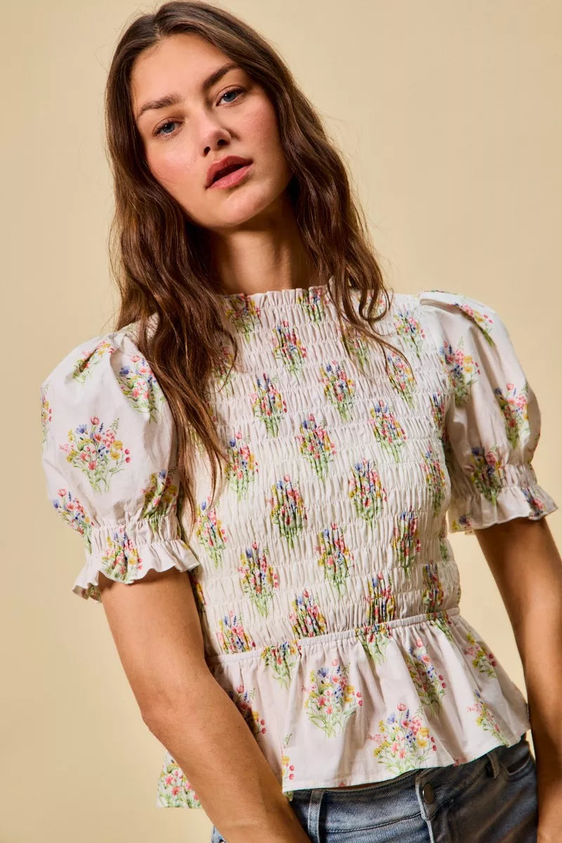 SO ME Floral Cotton Smocked Short Sleeves Blouse - Sleekdenim.com