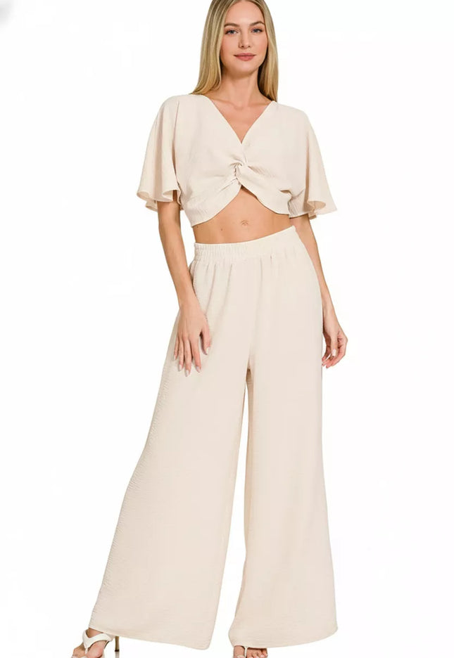 Zenana Woven Airflow Twisted Top & Wide Leg Pants Set - Detail View 1