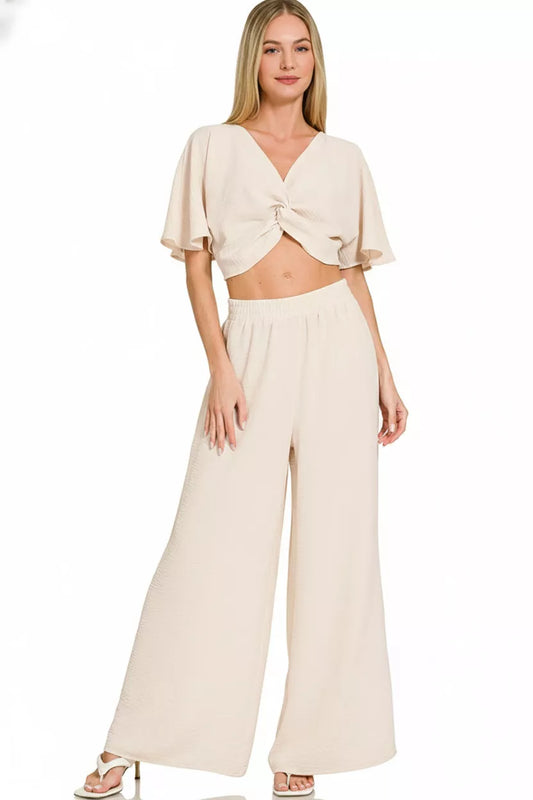 Zenana Woven Airflow Twisted Top & Wide Leg Pants Set - Detail View 1