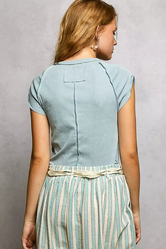 POL V-Neck Short Sleeve Washed T-Shirt with Outseam - Sleekdenim.com