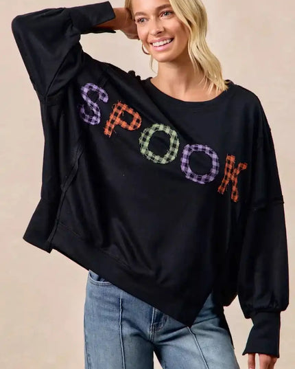 BiBi Spook Plaid Letter Print Oversized Sweatshirt - Sleekdenim.com