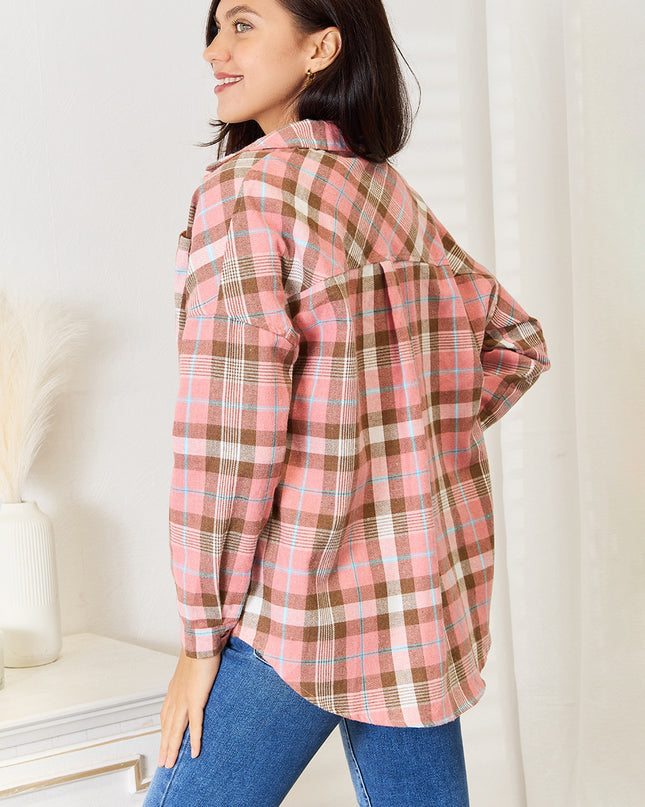 Double Take Plaid Collared Neck Long Sleeve Button-Up Shirt - Sleekdenim.com
