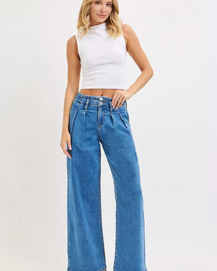 RISEN Full Size Mid Rise Fit Wide Leg with Pleated Detail Jeans Plus Size - Sleekdenim.com