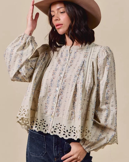 SO ME Floral Print Lace Button Down Shirt - Sleekdenim.com
