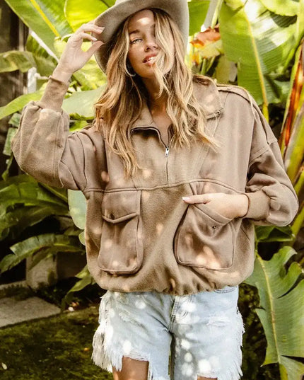 BiBi Half Zip Vintage Washed Fleece Pullover - Sleekdenim.com