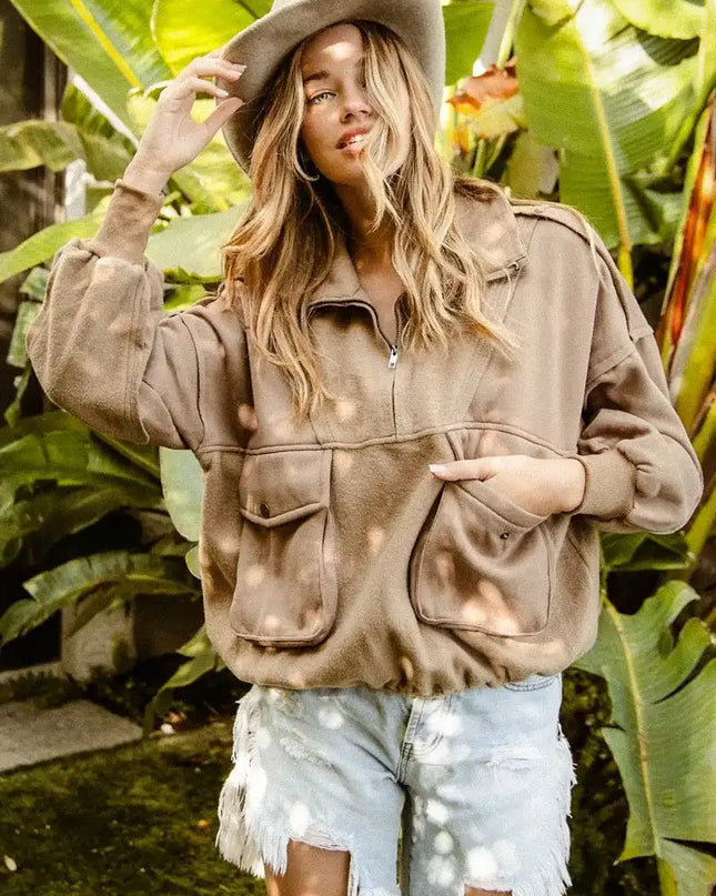 BiBi Half Zip Vintage Washed Fleece Pullover - Sleekdenim.com