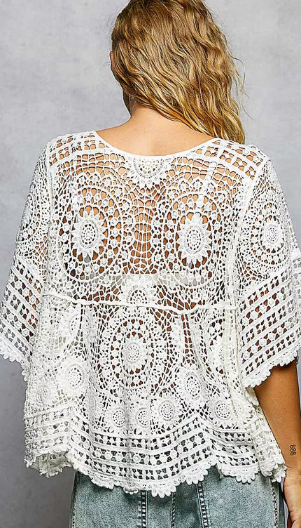 POL V-Neck Crochet Top with Scalloped Hem - Sleekdenim.com