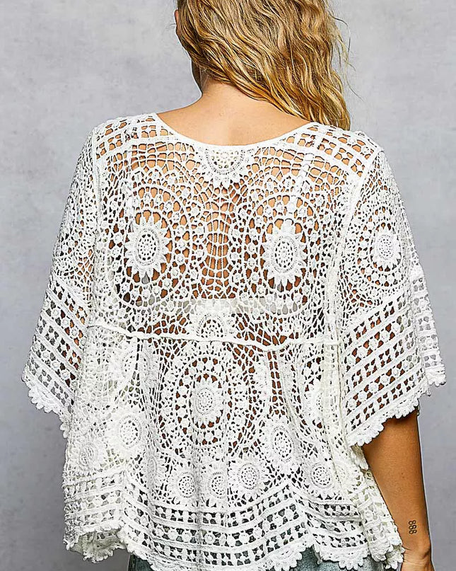 POL V-Neck Crochet Top with Scalloped Hem - Sleekdenim.com