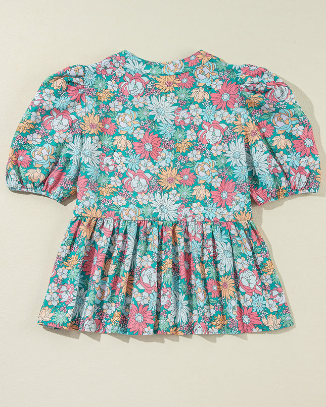 Multicolour Floral Print Short Puff Sleeve V Neck Boho Peplum Blouse - Sleekdenim.com
