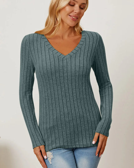 Basic Bae Full Size Ribbed V-Neck Long Sleeve T-Shirt - Sleekdenim.com