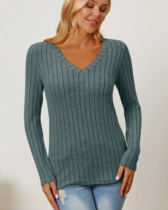 Basic Bae Full Size Ribbed V-Neck Long Sleeve T-Shirt - Sleekdenim.com