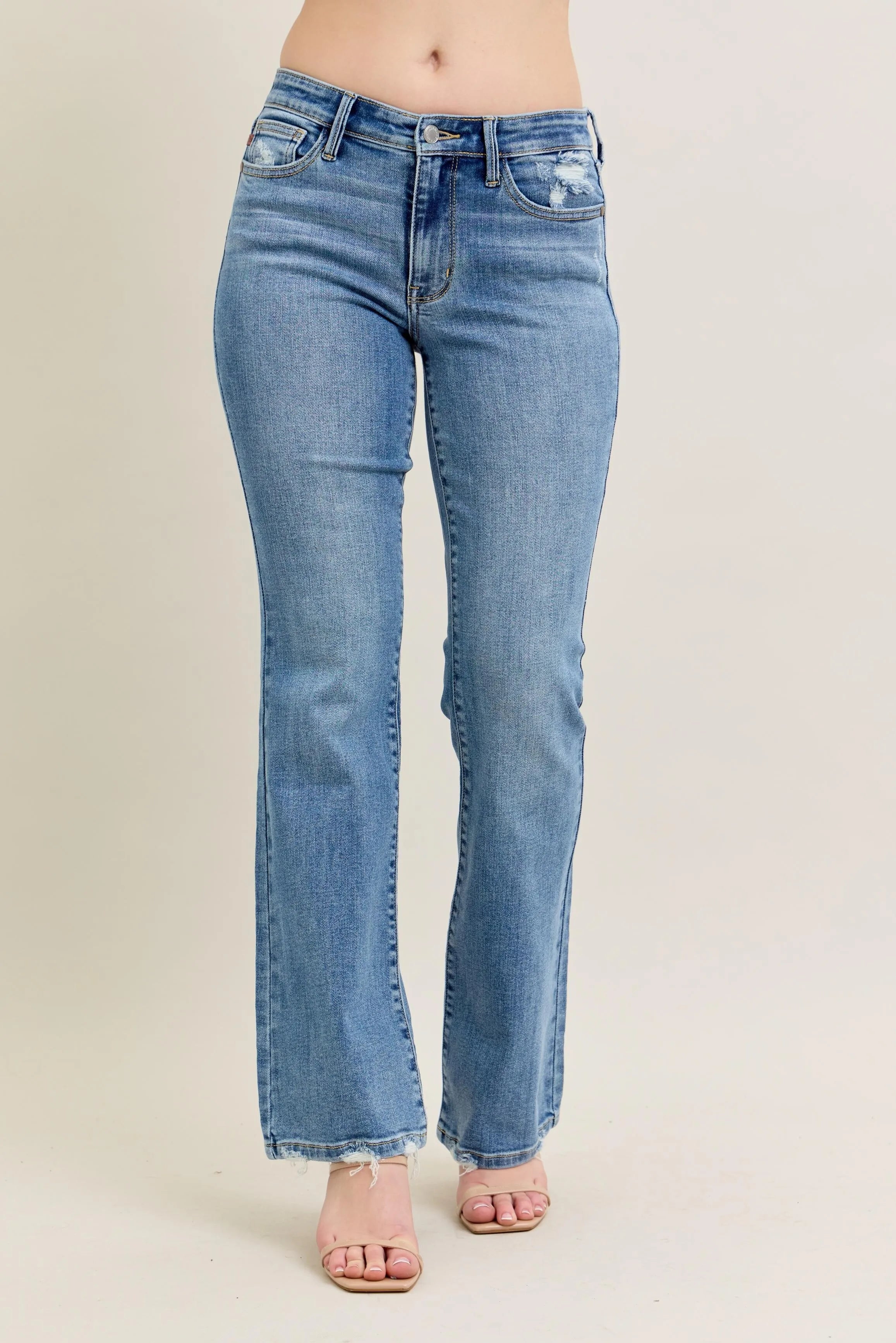 Judy Blue Full Size Mid Rise Wash Destroy Hem Bootcut Jeans Plus Size - Sleekdenim.com