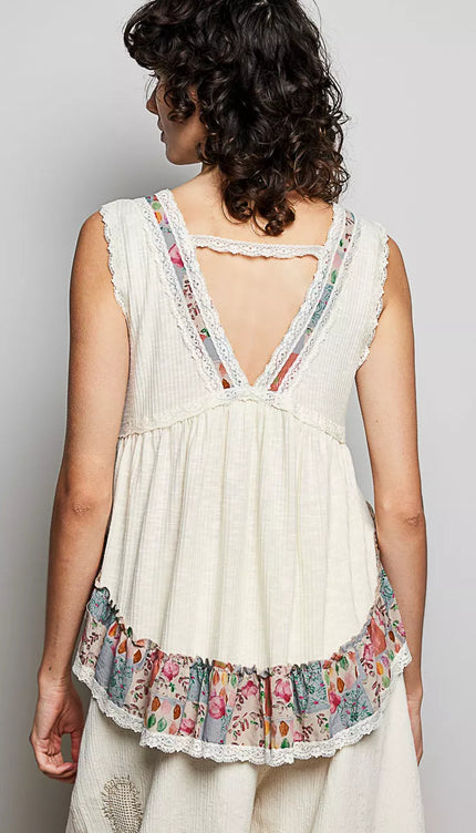 POL Lace Detail Ruffled Ribbed Sleeveless Top with Floral Pattern Trim Detail - Sleekdenim.com