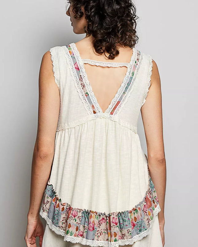 POL Lace Detail Ruffled Ribbed Sleeveless Top with Floral Pattern Trim Detail - Sleekdenim.com