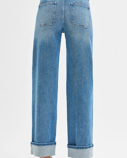 RISEN Full Size Elastic Band Mid Rise Wide Front Patch Pocket Cuff Jeans Plus Size - Sleekdenim.com