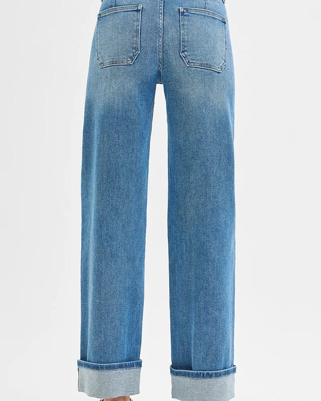 RISEN Full Size Elastic Band Mid Rise Wide Front Patch Pocket Cuff Jeans Plus Size - Sleekdenim.com