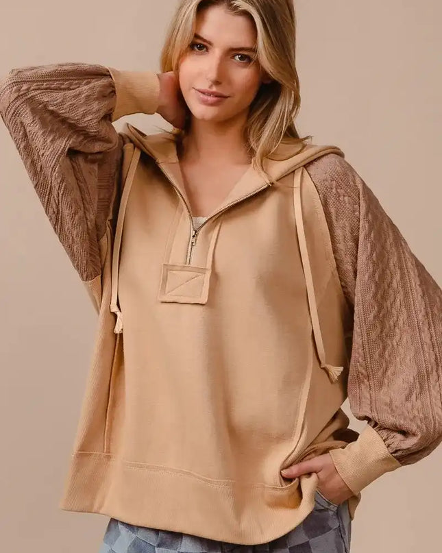 BiBi Half Zip French Terry Hoodie with Kint Sleeves - Sleekdenim.com