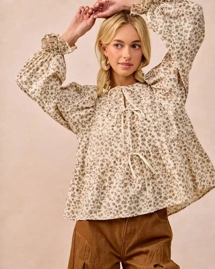 BiBi Floral Printed Peplum Blouse with Shirring and Tied - Sleekdenim.com