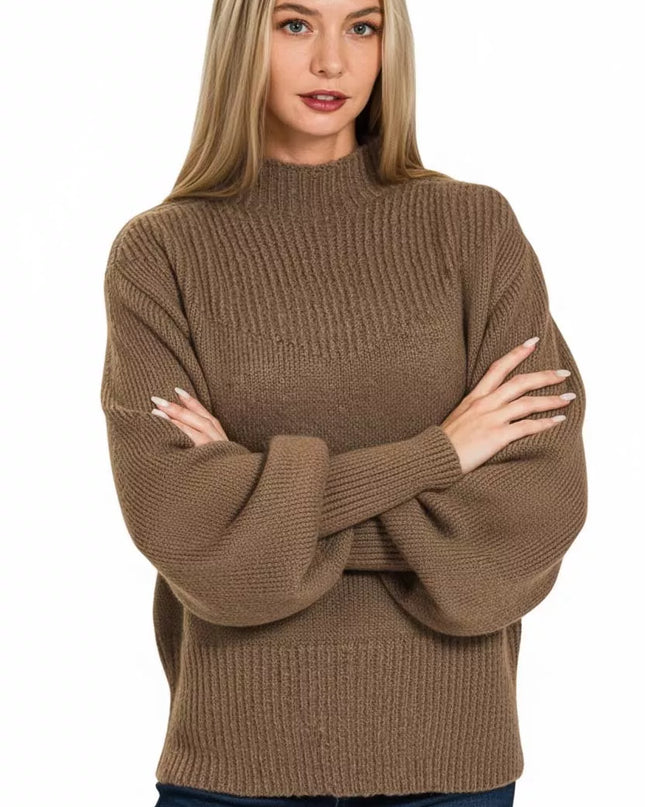 Zenana Balloon Sleeve Mock Neck Sweater - Sleekdenim.com