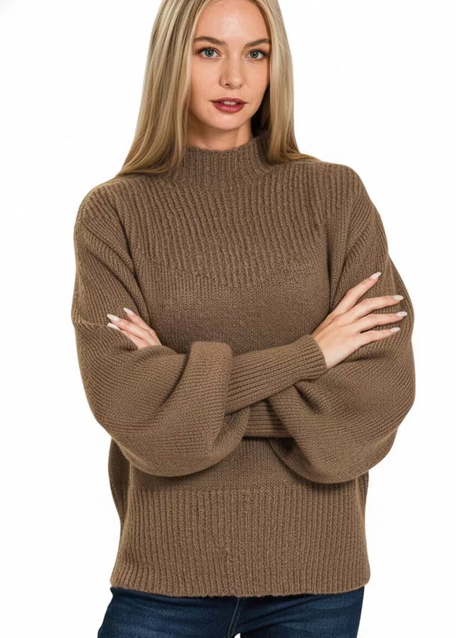 Zenana Balloon Sleeve Mock Neck Sweater - Sleekdenim.com