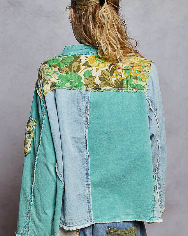 POL Button Down Floral V-Neck Long Sleeve Raw Hem Top - Sleekdenim.com