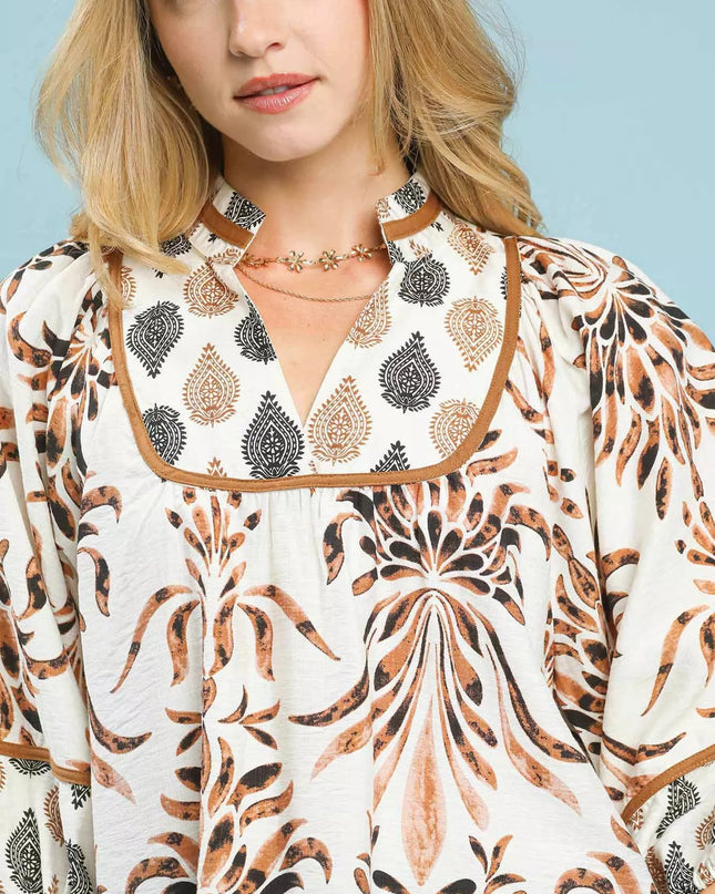 Umgee Mix Floral Print Balloon Sleeve Blouse - Sleekdenim.com