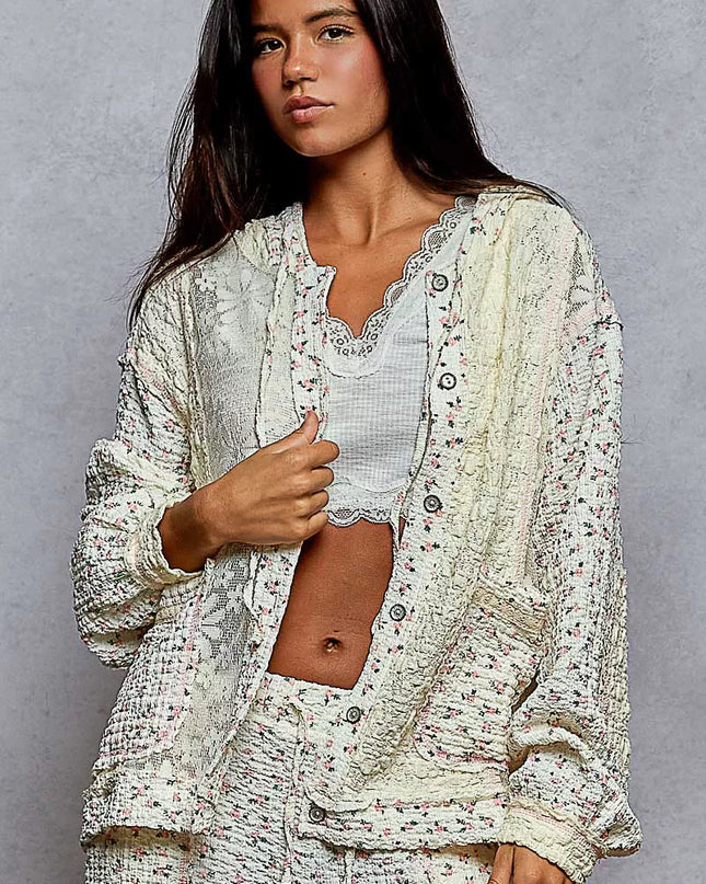 POL Floral Balloon Sleeve Hooded Lace Jacket with Stitch Detail - Sleekdenim.com