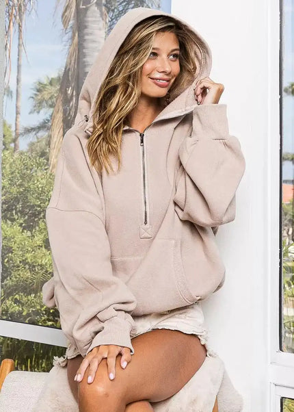 BiBi Stitch Detailed Elastic Hem Half Zip Fleece Hoodie - Sleekdenim.com