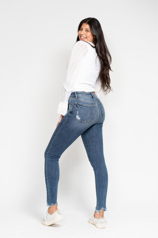 Judy Blue High Waist Skinny Jeans with Destroy & Shark Bit Hem - Sleekdenim.com