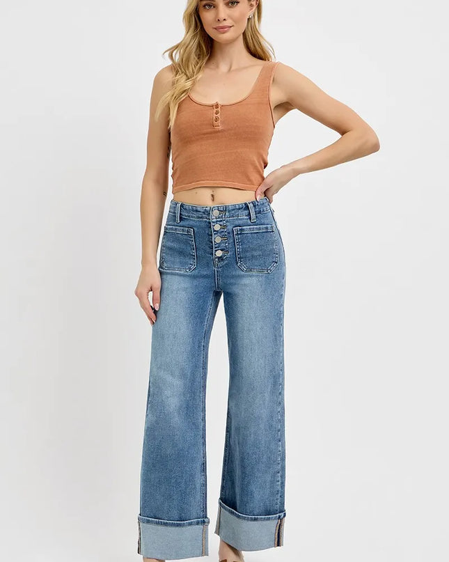 RISEN High Rise Ankle Wide Button Patch Pocket Cuffed Jeans - Sleekdenim.com
