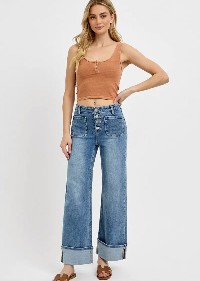 RISEN High Rise Ankle Wide Button Patch Pocket Cuffed Jeans - Sleekdenim.com
