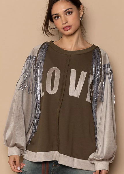 POL Balloon Sleeve French Terry Sweatshirt with Sequin Tassel - Sleekdenim.com