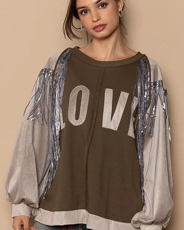 POL Balloon Sleeve French Terry Sweatshirt with Sequin Tassel - Sleekdenim.com