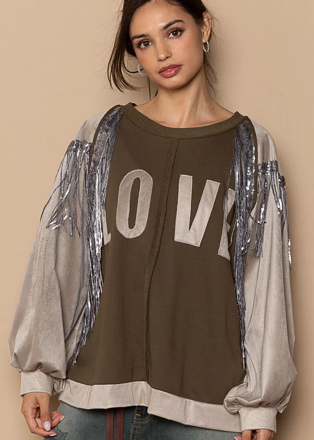 POL Balloon Sleeve French Terry Sweatshirt with Sequin Tassel - Sleekdenim.com