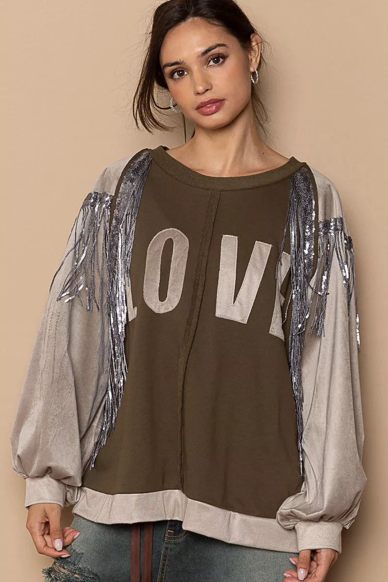 POL Balloon Sleeve French Terry Sweatshirt with Sequin Tassel - Sleekdenim.com