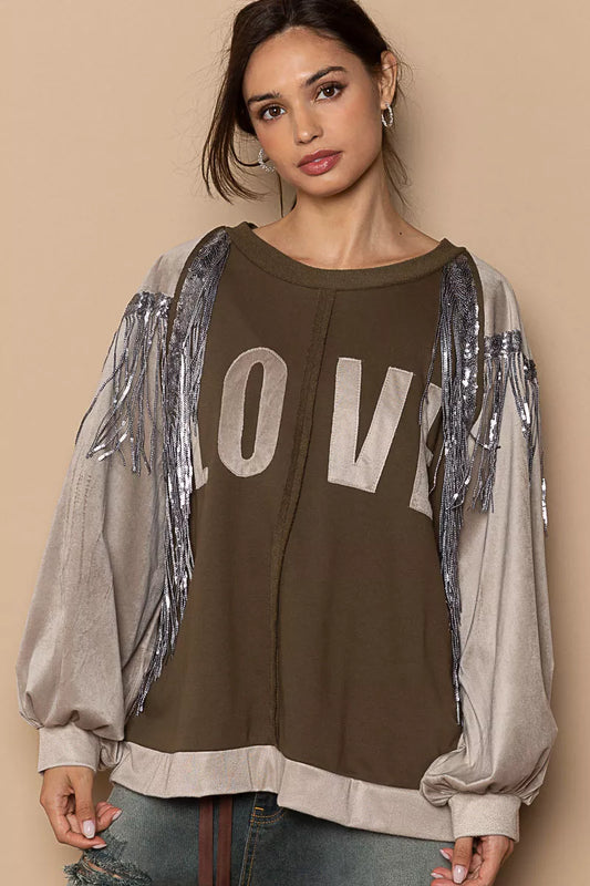 POL Balloon Sleeve French Terry Sweatshirt with Sequin Tassel - Sleekdenim.com