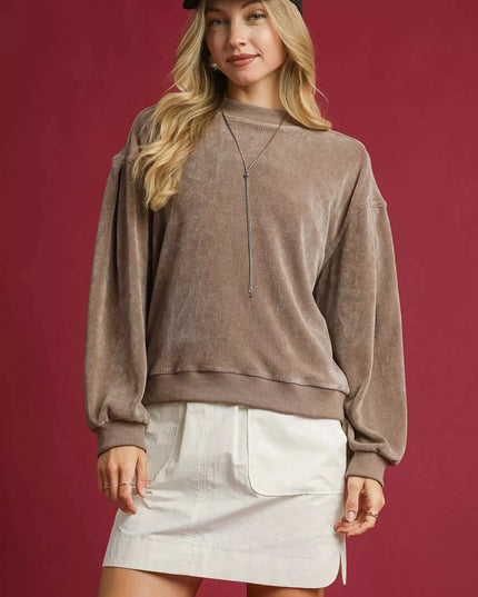 Umgee Velour Crewneck Balloon Sleeve Sweatshirt - Sleekdenim.com