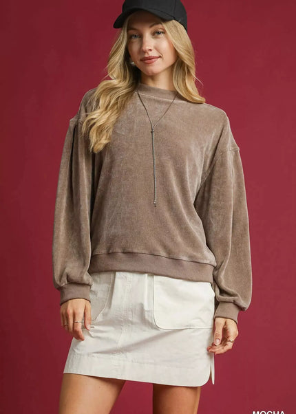 Umgee Velour Crewneck Balloon Sleeve Sweatshirt - Sleekdenim.com